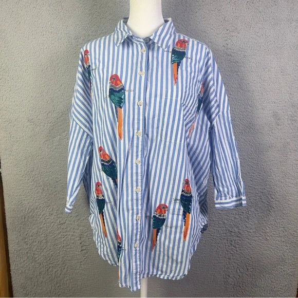 Maeve Parrot Button Down Shirt Womens XS / S Blue White Striped Sequin Oversized - Picture 1 of 9